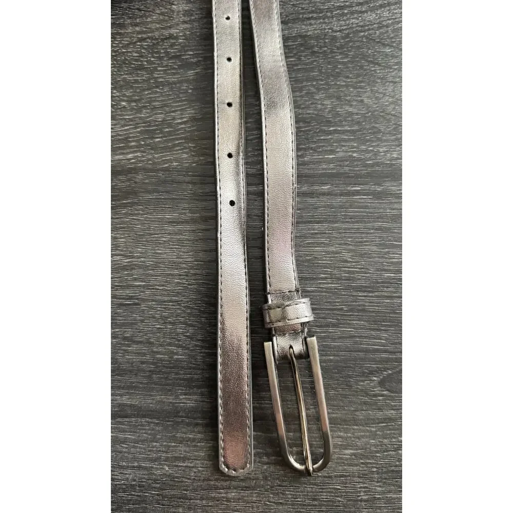 Womens Metallic Silver Grey Silver Tone‎ Hardware Slim Belt L